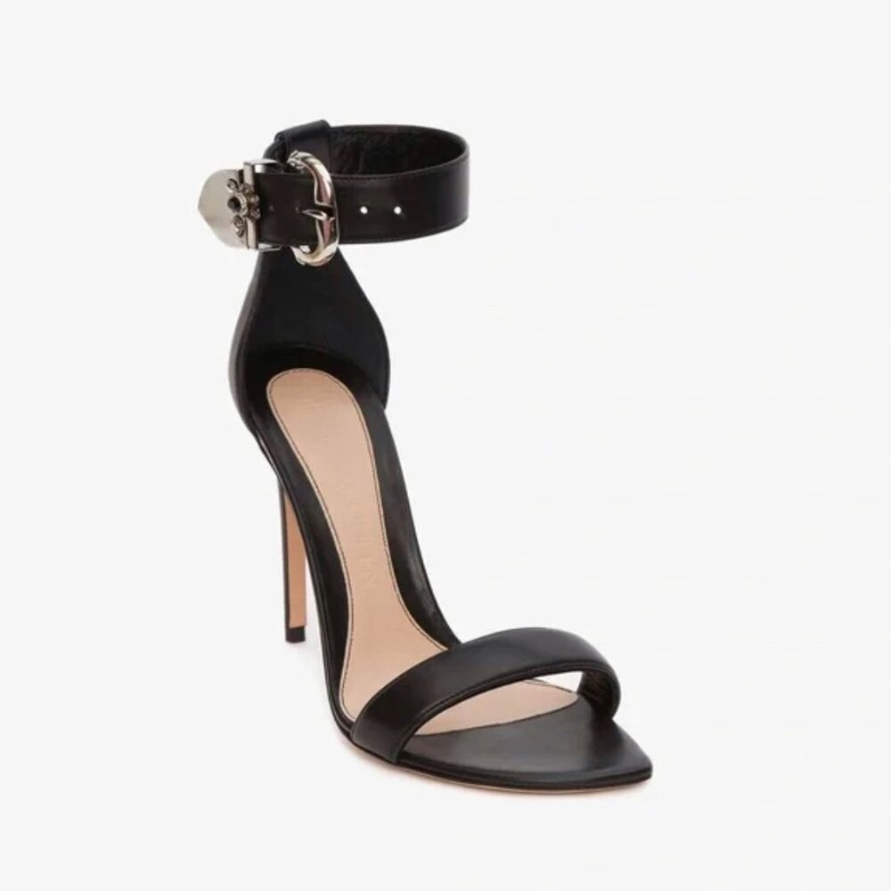 Alexander McQueen 4" Heels Medieval Buckle Sandal Size 37 Black Leather - Picture 2 of 16